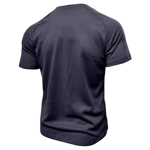 Detailed back view of charcoal grey men's waffle henley shirt with breathable mesh fabric