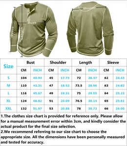 Detailed size chart for men's long sleeve Henley shirt with measurement guide in cm and inches