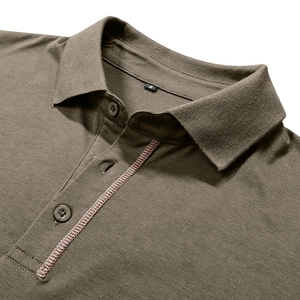 Close-up of olive green long-sleeve cotton polo shirt with classic collar and buttons