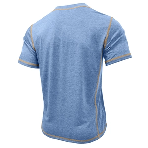 Detail view of grey-blue men's Henley shirt back with orange contrast stitching lines