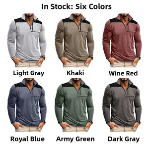 Men's slim fit quarter-zip polo shirt displayed in six colors with contrast zipper pockets