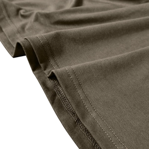 Detailed macro shot of double-needle hem stitching on a brown men's long sleeve polo shirt