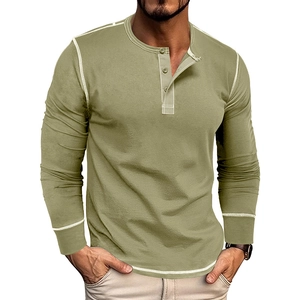 Detail of olive green Henley shirt showing contrast white stitching and three-button placket