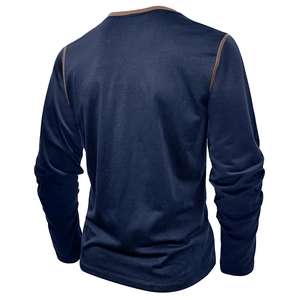 Rear view of long sleeve navy Henley shirt with contrasting brown stitching details