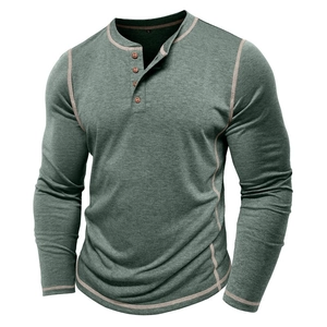 Men's long sleeve Henley shirt in sage green with four-button placket and contrast stitching
