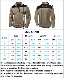Detailed size chart for men's quarter-zip tactical sweatshirt with measurements from S to XXL