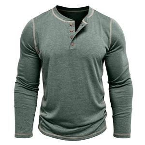 Men's dark green long sleeve Henley shirt with 4-button placket and contrast stitching