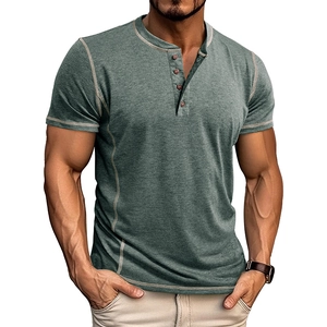 Detail of three-button Henley neckline with contrast stitching on green-gray slim fit shirt