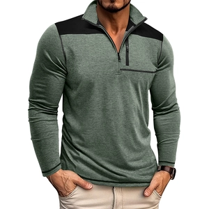 Men's olive long sleeve zip-up sweatshirt with black shoulder contrast panels