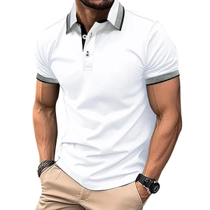 Close-up of contrast striped collar and button placket on men's white polo shirt