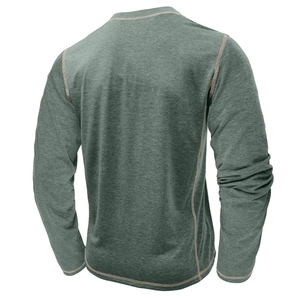 Men's sage green long sleeve Henley T-shirt with decorative stitching details