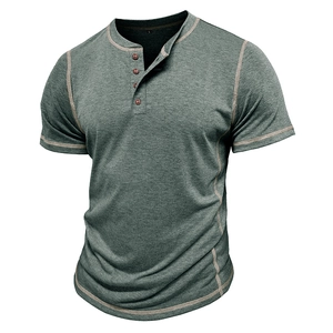 Close-up of green Henley shirt featuring wood buttons and contrast stitching details