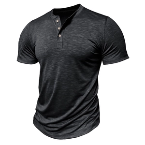Détail macro du tissu en coton flammé gris anthracite et col à trois boutons sur un t-shirt Henley