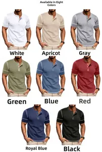 Short sleeve Henley shirt for men featuring contrast stitching and three-button placket