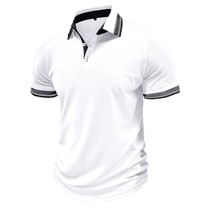 Close-up of white piqué polo shirt collar with black and grey striped ribbed trim and buttons