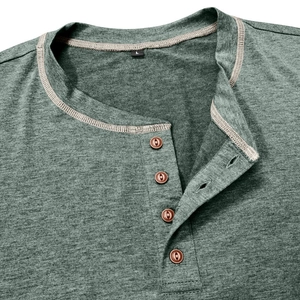 Men's long sleeve Henley shirt in sage green knit cotton blend with four wood buttons
