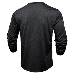 Detail view of the back of a dark gray slub cotton long sleeve Henley t-shirt for men
