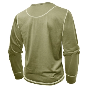 Olive green long sleeve Henley shirt back view with white contrast stitching detail