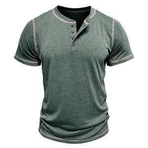 Close-up of heather green Henley shirt showing wooden buttons and contrast stitching details