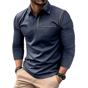 Detail of navy long sleeve polo shirt showing brown contrast stitching and buttoned collar