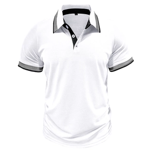 Close-up of contrast stripe cuffs and collar detail on white cotton polo shirt