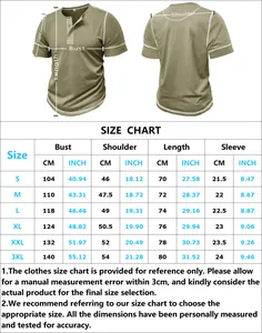 Detailed size chart for men's muscle Henley shirt with measurements for S to 3XL sizes