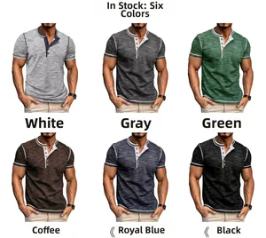 Mens color-block Henley t-shirts showing six available colors with three-button placket detail