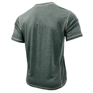 Detail of heather green sports T-shirt with light contrast flatlock stitching on back