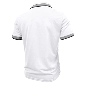 Rear view of white slim fit polo shirt featuring breathable mesh fabric and grey stripes