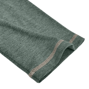 Close-up of double-stitched cuff on forest green marl knit long sleeve Henley shirt