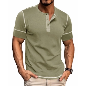Slim fit olive green Henley shirt for men with white contrast stitching and buttons