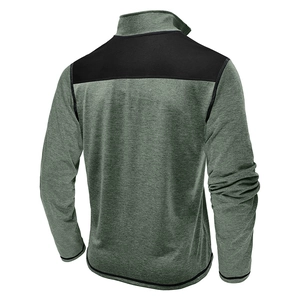 Rear view of grey flecked pullover jacket with black contrast panels on shoulders