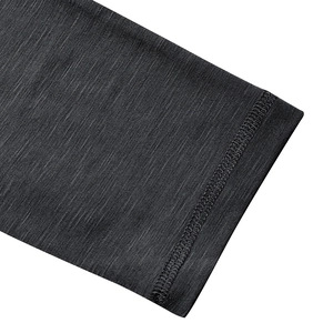 Close-up of heather gray slub cotton fabric and premium stitching on a long sleeve Henley shirt
