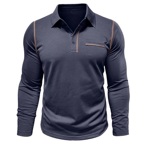 Detail of navy long sleeve polo shirt featuring brown contrast stitching and chest pocket