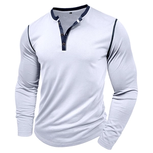 Detailed view of grey Henley shirt with navy contrast placket and three-button neckline
