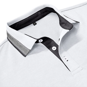 Close-up of white pique Polo shirt collar with grey stripes and black inner contrast