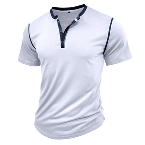Detail view of light grey Henley T-shirt with navy blue contrast collar and size L label