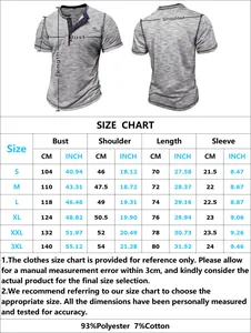 Size chart for men's short sleeve Henley shirt with chest, length and shoulder measurements