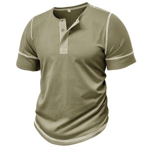 Detail of army green muscle Henley shirt with white contrast stitching and round neck