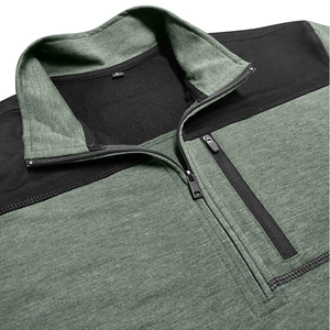 Detail of half-zip stand collar on olive green tactical sweatshirt with black panelling