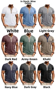 Overview of nine colors of men's short sleeve Henley shirts with contrast trim details
