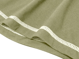 Macro detail of olive green knit fabric featuring precise white double-needle stitching
