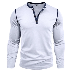 Detail of three-button henley neckline with navy contrast stitching and size L label