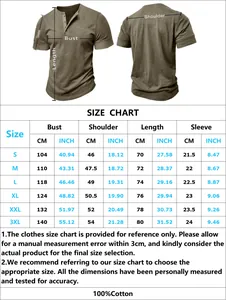 Detailed size chart for men's cotton muscle Henley shirt with CM and inch measurements