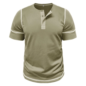 Detail of olive green muscle Henley shirt with white contrast stitching and buttons