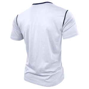 Rear view of men's lightweight breathable short sleeve Henley t-shirt with navy contrast trim
