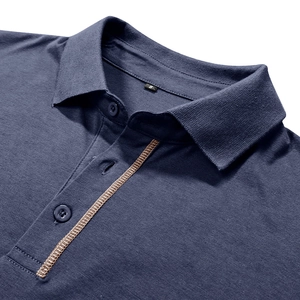 Detail of dark blue long sleeve polo shirt showing neckline, buttons and stitching