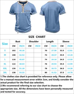 Detailed size chart for men's vintage Henley t-shirt showing measurements from S to 3XL