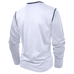 Detail of white long sleeve Henley shirt with navy contrast binding on collar and shoulders