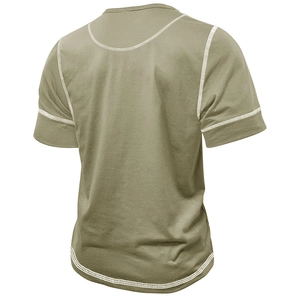 Detailed back view of khaki muscle Henley shirt with white contrast stitching and round hem